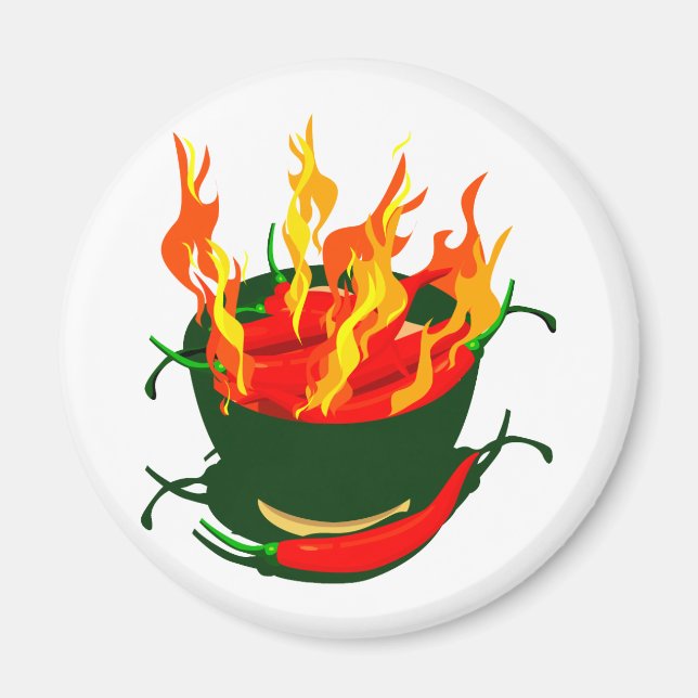 Hot peppers in green cup flames magnet (Front)