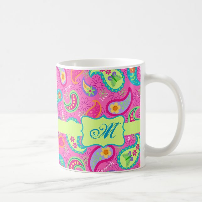 Hot Pin Fuchsia Modern Paisley Pattern Monogram Coffee Mug (Right)