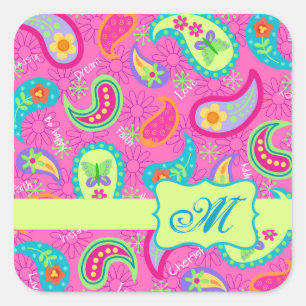 Hot Pin Fuchsia Modern Paisley Pattern Monogram Square Sticker