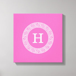 Hot Pink2 Wht Greek Key Rnd Frame Initial Monogram Canvas Print