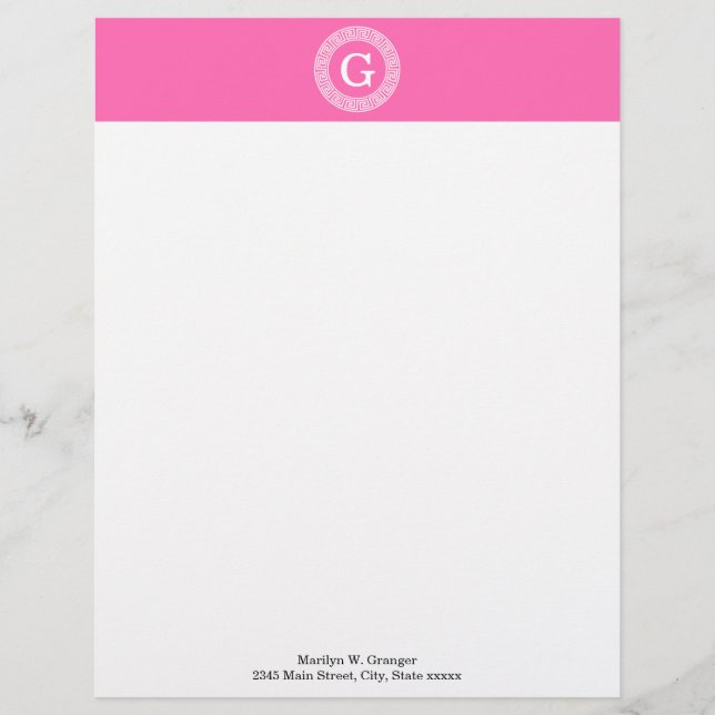 Hot Pink2 Wht Greek Key Rnd Frame Initial Monogram Personalized Letterhead (Front)