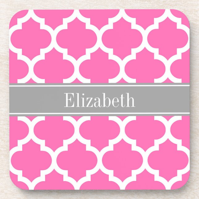 Hot Pink2 Wht Moroccan #5 Dark Grey Name Monogram Coaster (Front)