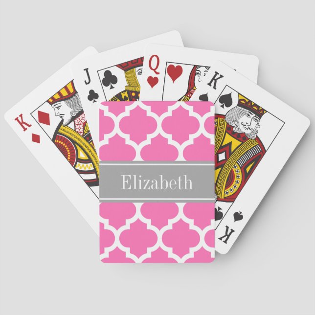 Hot Pink2 Wht Moroccan #5 Dark Grey Name Monogram Playing Cards (Back)