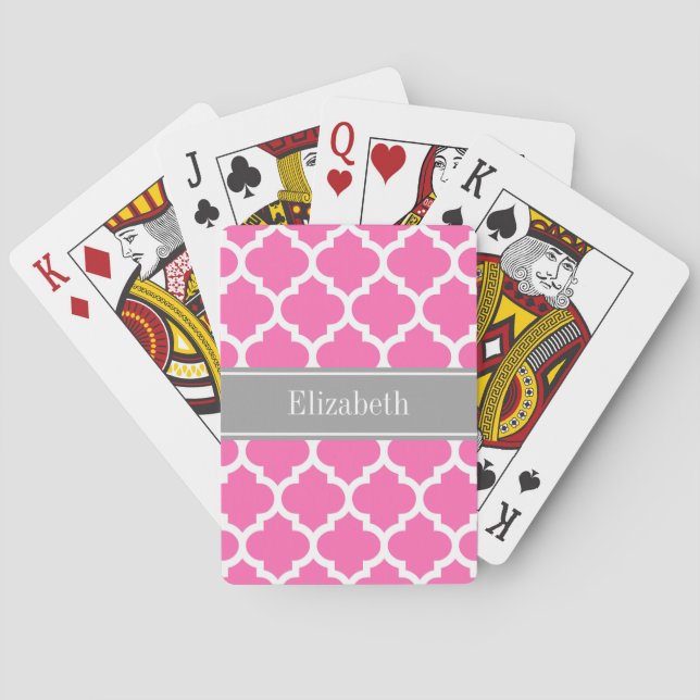 Hot Pink2 Wht Moroccan #5 Dark Grey Name Monogram Playing Cards (Back)