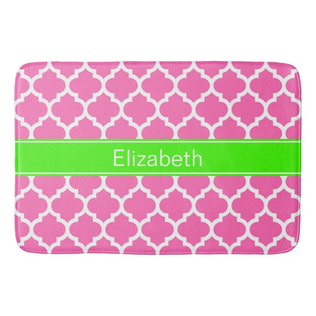Hot Pink2 Wht Moroccan #5 Lime Green Name Monogram Bath Mat (Front)