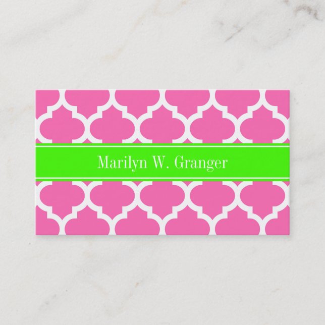 Hot Pink2 Wht Moroccan #5 Lime Green Name Monogram Business Card (Front)
