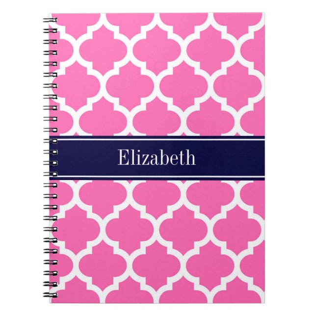 Hot Pink2 Wht Moroccan #5 Navy Blue Name Monogram Notebook (Front)