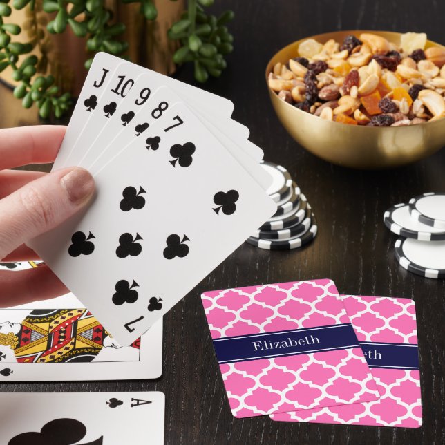 Hot Pink2 Wht Moroccan #5 Navy Blue Name Monogram Playing Cards (In Situ)