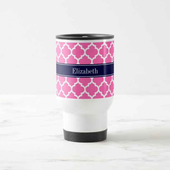Hot Pink2 Wht Moroccan #5 Navy Blue Name Monogram Travel Mug (Center)