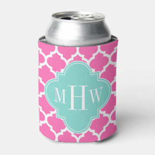 Hot Pink2 Wt Moroccan #5 Turquoise 3 Init Monogram Can Cooler