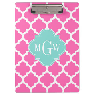 Hot Pink2 Wt Moroccan #5 Turquoise 3 Init Monogram Clipboard