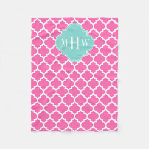 Hot Pink2 Wt Moroccan #5 Turquoise 3 Init Monogram Fleece Blanket