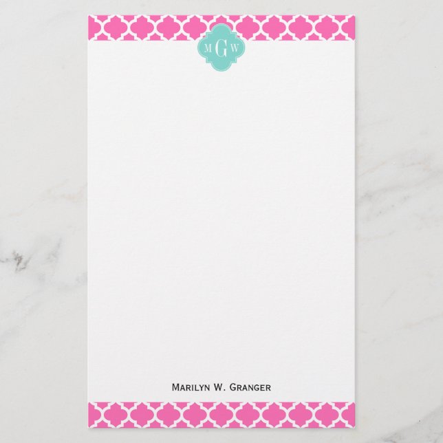 Hot Pink2 Wt Moroccan #5 Turquoise 3 Init Monogram Stationery (Front)