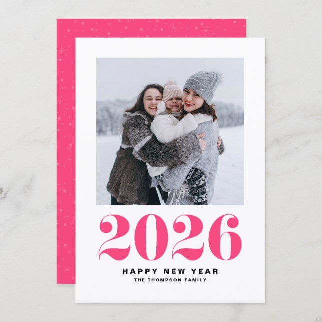 Hot Pink 2025 Bold Typography New Year Photo Holiday Card (Front/Back)
