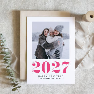 Hot Pink 2027 Retro Typography New Year Photo Holiday Card