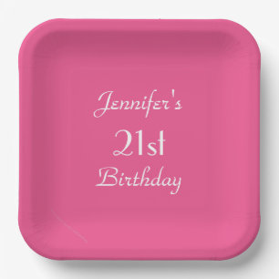 Hot Pink, 21st Birthday Party, Name, Square  Paper Plate