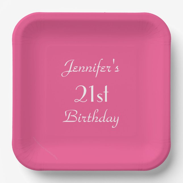 Hot Pink, 21st Birthday Party, Name, Square  Paper Plate (Front)