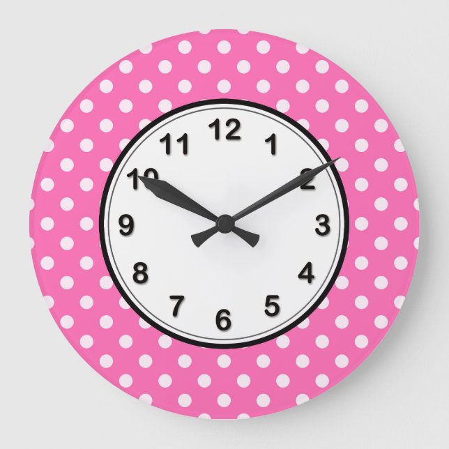 Hot Pink #2 and White Polka Dots Pattern Large Clock (Front)