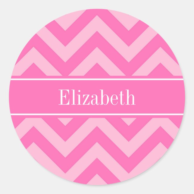 Hot Pink #2 Cotton Candy LG Chevron Name Monogram Classic Round Sticker (Front)