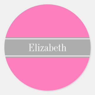 Hot Pink #2, Dark Grey Ribbon Name Monogram Classic Round Sticker