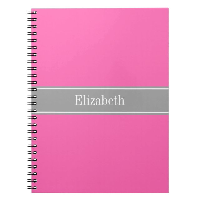 Hot Pink #2, Dark Grey Ribbon Name Monogram Notebook (Front)