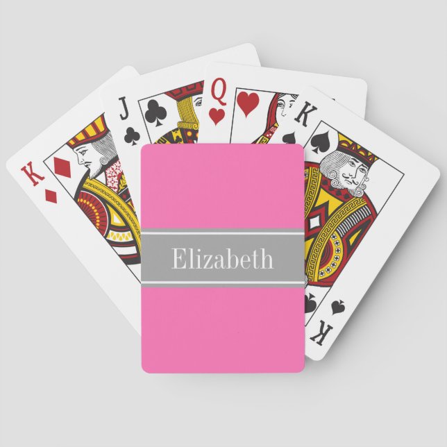 Hot Pink #2, Dark Grey Ribbon Name Monogram Playing Cards (Back)