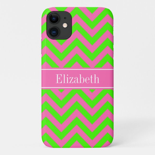 Hot Pink #2 Lime Green LG Chevron Name Monogram Case-Mate iPhone Case (Back)