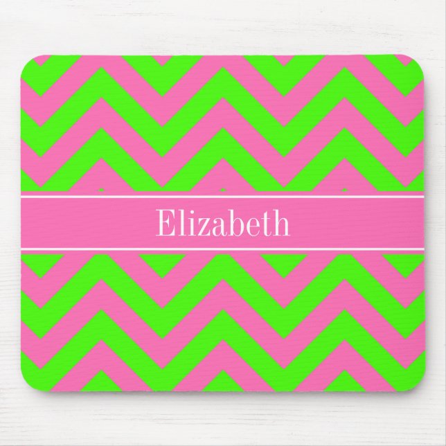 Hot Pink #2 Lime Green LG Chevron Name Monogram Mouse Mat (Front)