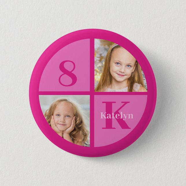 Hot Pink 2 Photo Personalised Birthday Girl Party 6 Cm Round Badge (Front)