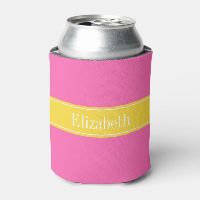 Hot Pink #2, Pineapple Ribbon Name Monogram Can Cooler (Can Front)
