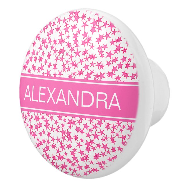 Hot Pink 2 Stars White BG, Hot Pink Name Monogram Ceramic Knob (Right)