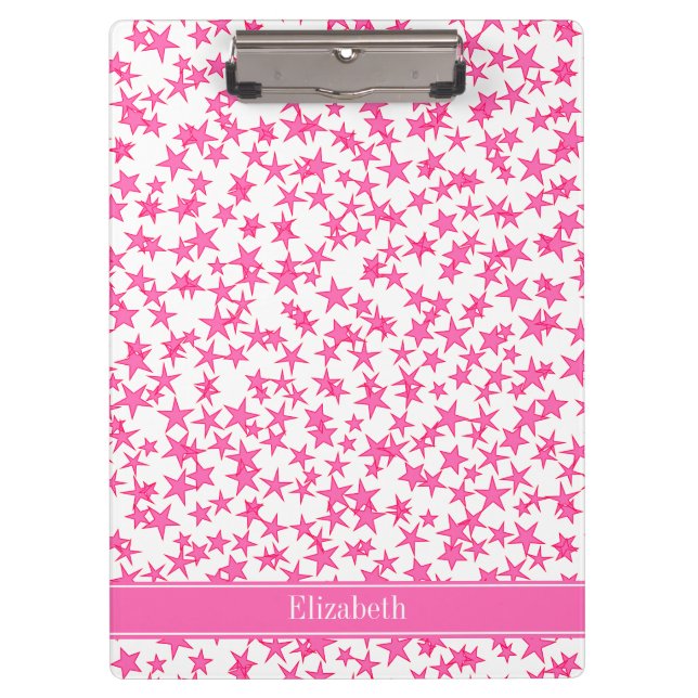 Hot Pink 2 Stars White BG, Hot Pink Name Monogram Clipboard (Front)