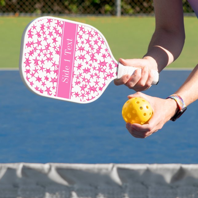 Hot Pink 2 Stars White BG, Hot Pink Name Monogram Pickleball Paddle (Insitu)
