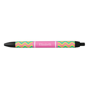 Hot Pink 2 Teal Pineapple LG Chevron Name Monogram Black Ink Pen