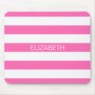 Hot Pink #2 White Horiz Preppy Stripe Monogram Mouse Mat