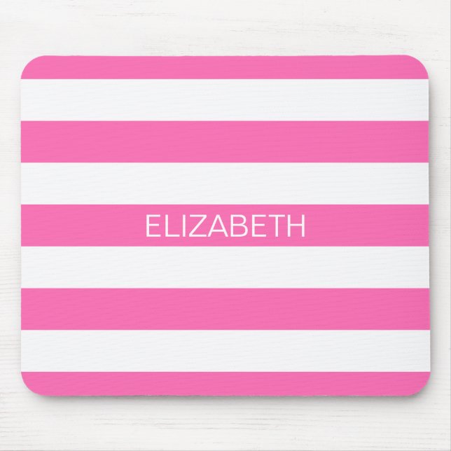 Hot Pink #2 White Horiz Preppy Stripe Monogram Mouse Mat (Front)
