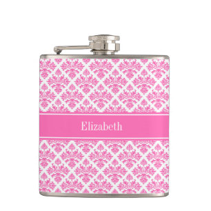 Hot Pink 2 Wht Damask #3 Hot Pink Name Monogram Hip Flask