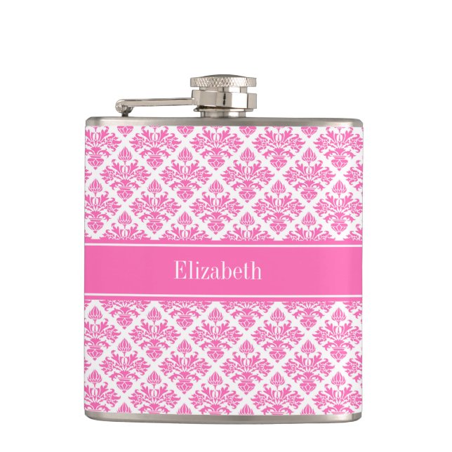 Hot Pink 2 Wht Damask #3 Hot Pink Name Monogram Hip Flask (Front)