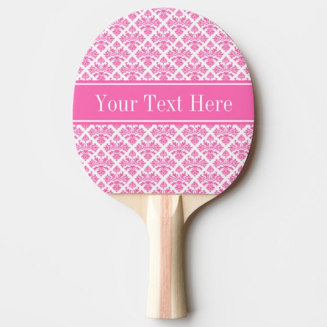 Hot Pink 2 Wht Damask #3 Hot Pink Name Monogram Ping Pong Paddle (Front)