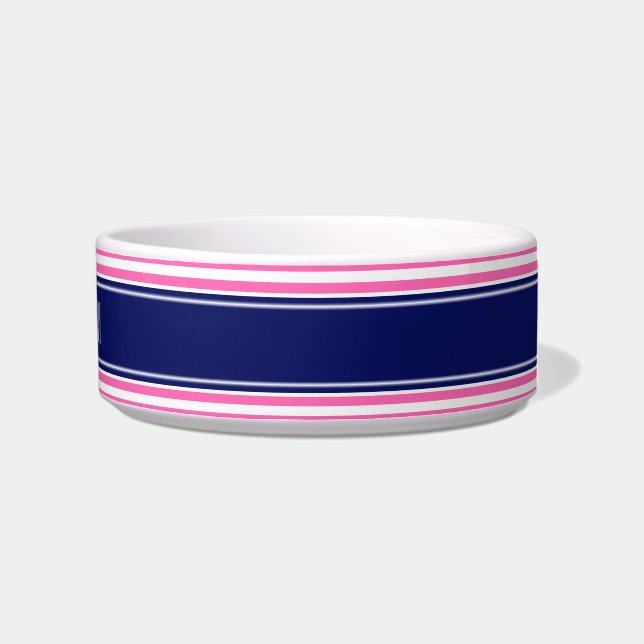 Hot Pink #2  Wht Horiz Stripe Navy Name Monogram Bowl (Right)