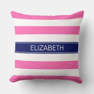Hot Pink #2  Wht Horiz Stripe Navy Name Monogram Cushion