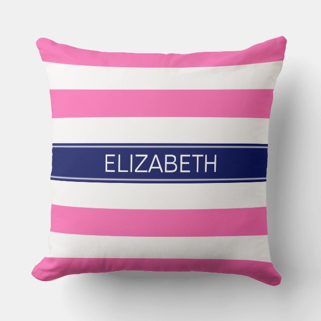 Hot Pink #2  Wht Horiz Stripe Navy Name Monogram Cushion (Front)