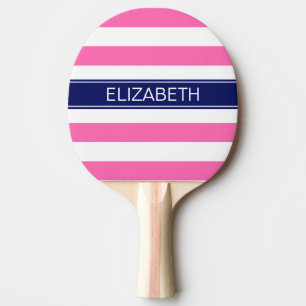 Hot Pink #2  Wht Horiz Stripe Navy Name Monogram Ping Pong Paddle