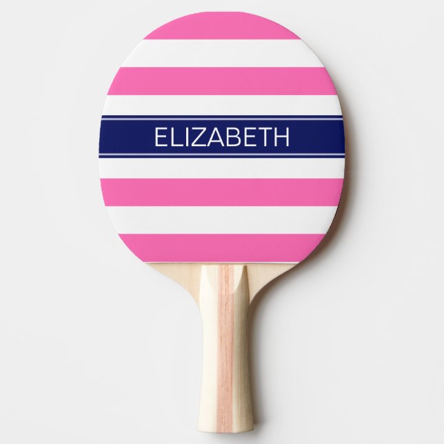 Hot Pink #2  Wht Horiz Stripe Navy Name Monogram Ping Pong Paddle (Front)