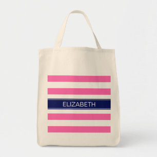 Hot Pink #2  Wht Horiz Stripe Navy Name Monogram Tote Bag