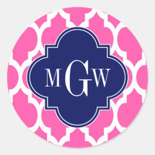 Hot Pink #2 Wht Moroccan #4 Navy Name Monogram Classic Round Sticker