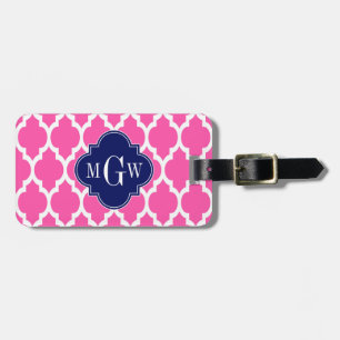 Hot Pink #2 Wht Moroccan #4 Navy Name Monogram Luggage Tag