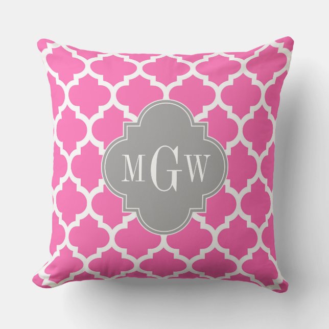 Hot Pink #2 Wht Moroccan #5 Dk Grey Name Monogram Cushion (Front)