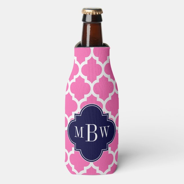 Hot Pink#2 Wht Moroccan #5 Navy 3 Initial Monogram Bottle Cooler (Bottle Front)