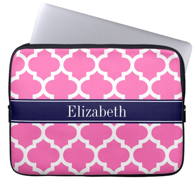 Hot Pink 2 Wht Moroccan #5 Navy Blue Name Monogram Laptop Sleeve (Front)